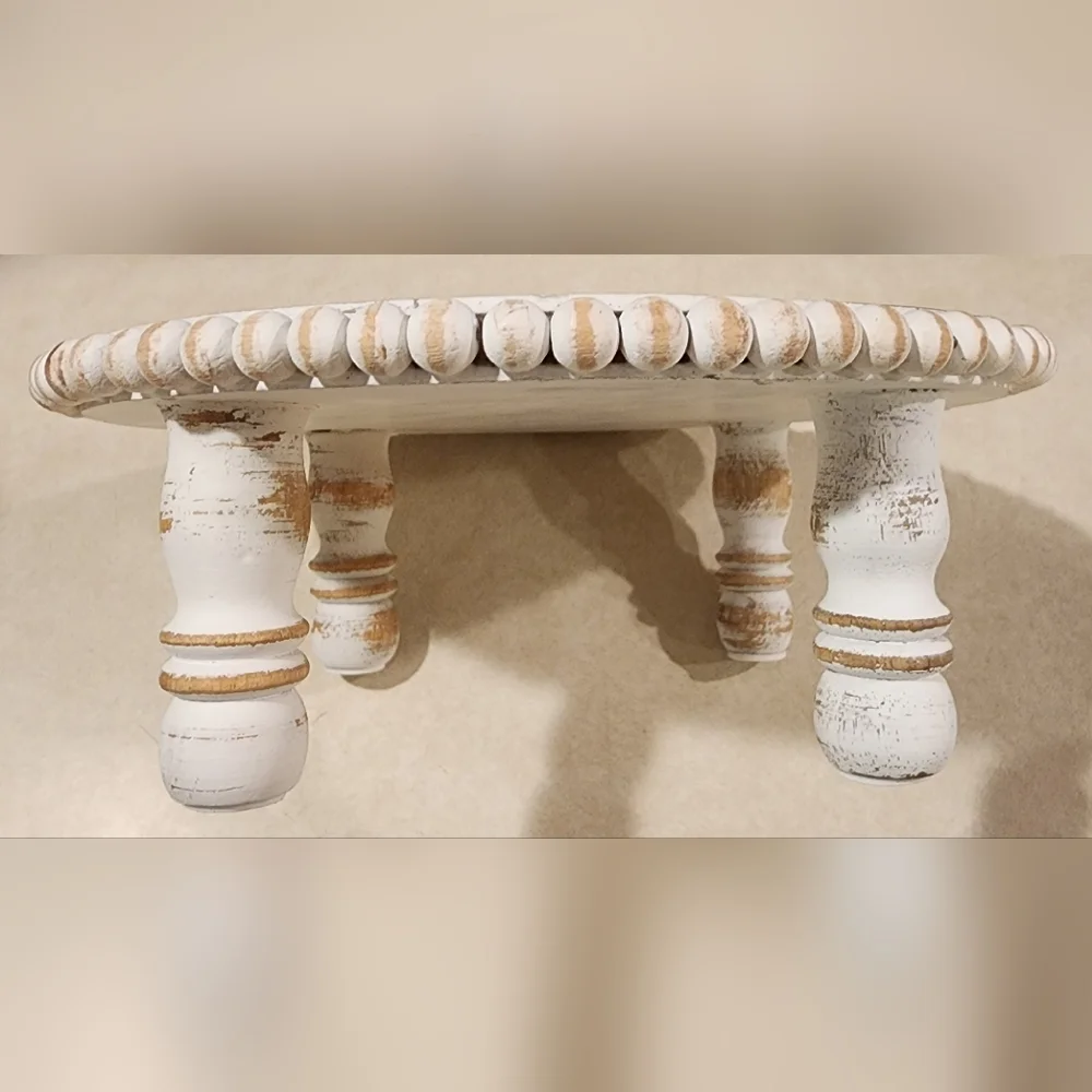 Distressed White-washed Wooden Beaded Farmhouse Pedestal Tray/Cake Display Stand